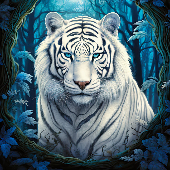 A digitally printed 100% cotton fabric panel featuring a block image of a majestic white tiger with blue eyes, surrounded by a blue forest setting.