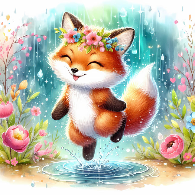 A digitally printed fabric panel featuring a cartoon fox jumping over a puddle with flowers and water droplets in the background.