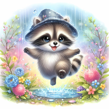 A digitally printed fabric panel featuring a cartoon raccoon wearing a hat, jumping over a puddle surrounded by colorful flowers.