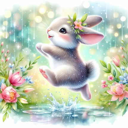 A digitally printed fabric panel featuring a cute bunny jumping over a puddle with flowers around it.