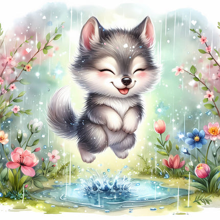 A digitally printed 100% cotton fabric panel featuring a playful cartoon wolf jumping over a puddle, with a background of flowers and rain.