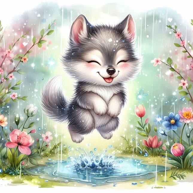 A digitally printed 100% cotton fabric panel featuring a playful cartoon wolf jumping over a puddle, with a background of flowers and rain.
