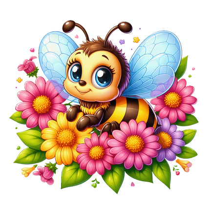 Cartoon bee surrounded by colorful flowers FABRIC PANEL