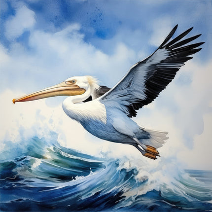 A digitally printed fabric panel featuring a pelican in flight with a background of ocean waves.