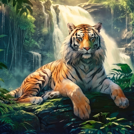 A digitally printed fabric panel featuring a majestic tiger sitting in a lush jungle environment with waterfalls in the background.