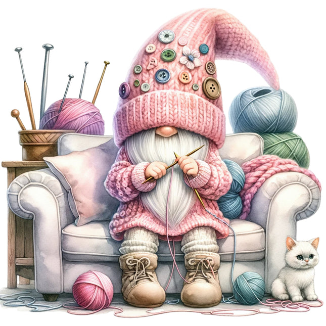 A digitally printed fabric panel featuring a cute gnome seated on a armchair with knitting needles and yarns.