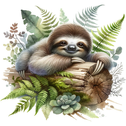 sloth on a log surrounded by green foliage fabric panel