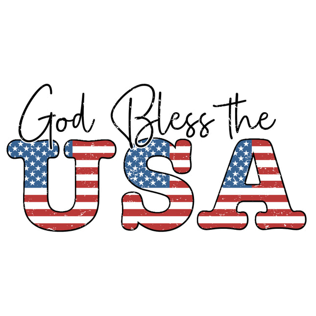 Text 'God Bless the USA' with American flag design fabric panel