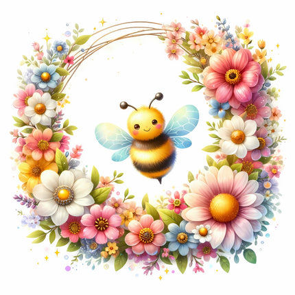 A colorful floral fabric panel featuring a cute bee surrounded by a variety of flowers, designed for quilting and sewing.