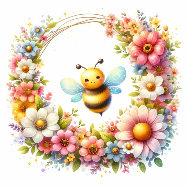 A colorful floral fabric panel featuring a cute bee surrounded by a variety of flowers, designed for quilting and sewing.