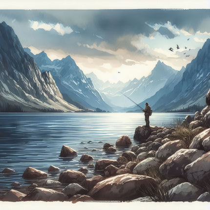 Fishing scene with a person on a rocky shore of a lake surrounded by mountains sewing panel