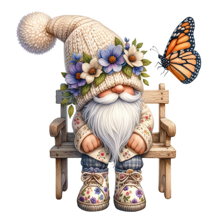 A digital illustration of a gnome sitting on a wooden bench with a knitted hat, floral shirt, and shoes, accompanied by a butterfly.