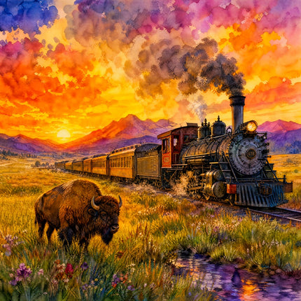 Sunset Bison & Train 100% Cotton Fabric Panel Block Quilt Square MMB101