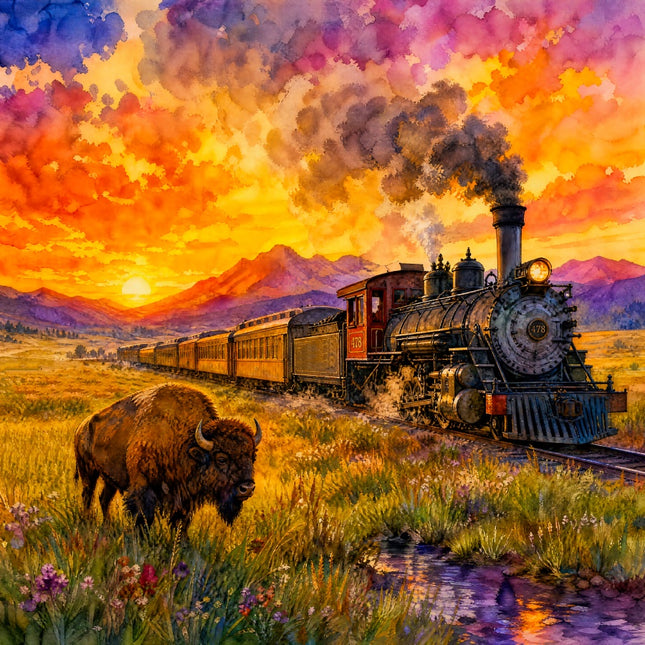 Sunset Bison & Train 100% Cotton Fabric Panel Block Quilt Square MMB101