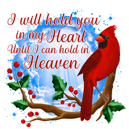 Red cardinal bird on a branch with holly leaves and berries quilt panel