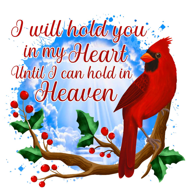 Red cardinal bird on a branch with holly leaves and berries quilt panel