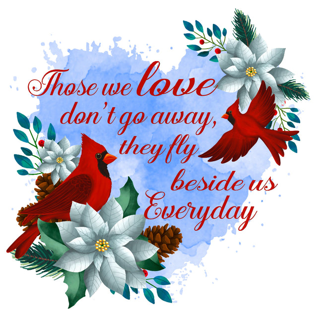 Decorative design with red cardinals, white flowers, and memoriam text fabric panel