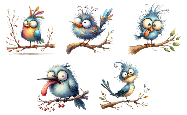 5 Piece 4"x4" Quirky Birds 100% Cotton Fabric Panel Squares Quilting Blocks MP125