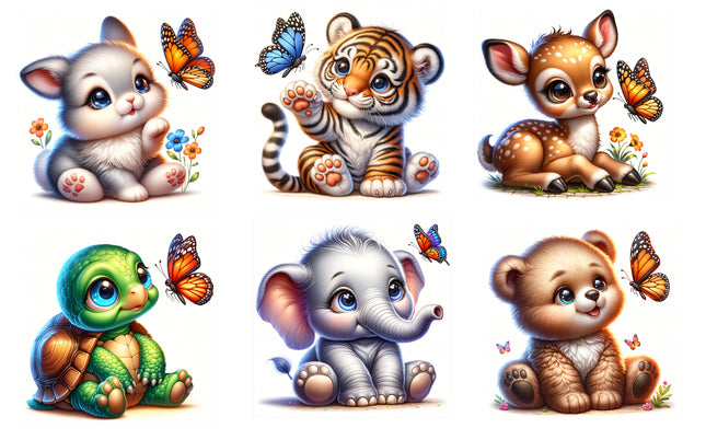 6 Piece 4"x4" Animals & Butterflies 100% Cotton Fabric Panel Squares Quilting Blocks MP132