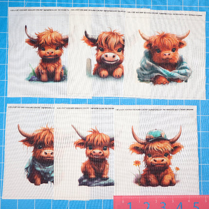 6 Piece 4"x4" Baby Highland Cows 100% Cotton Fabric Panel Squares Quilting Blocks MP100