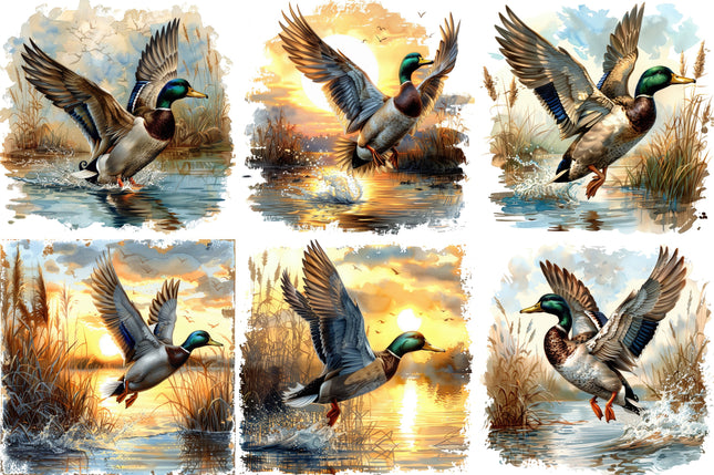 6 Piece 4"x4" Mallard Ducks 100% Cotton Fabric Panel Squares Quilting Blocks