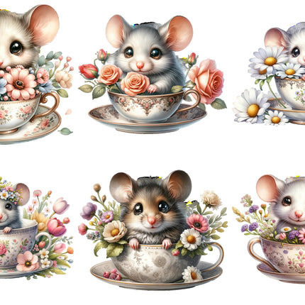 6 Piece 6"x6" Mouse in Teacup 100% Cotton Fabric Panel Squares Quilting Blocks