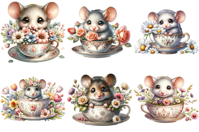 6 Piece 4"x4" Mouse in Teacup 100% Cotton Fabric Panel Squares Quilting Blocks