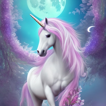 Unicorn with pink mane and tail in a mystical forest with moon and stars fabric panel