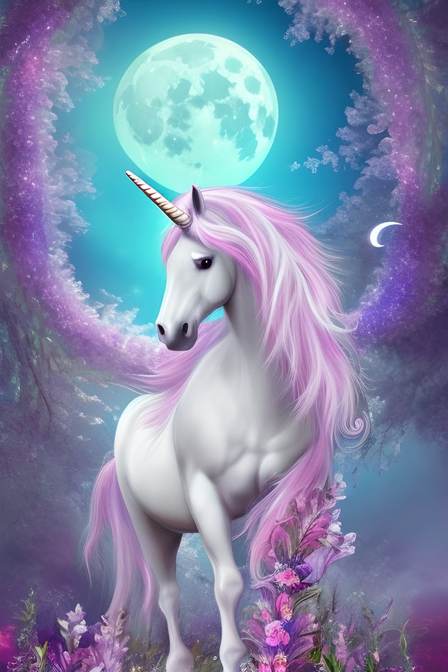 Unicorn with pink mane and tail in a mystical forest with moon and stars fabric panel