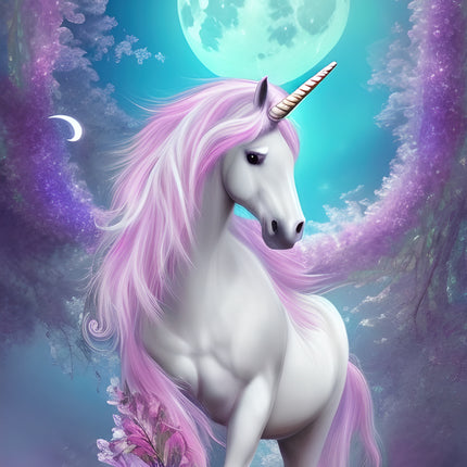 Unicorn with pink mane and tail in a fantasy setting with flowers and moons fabric panel