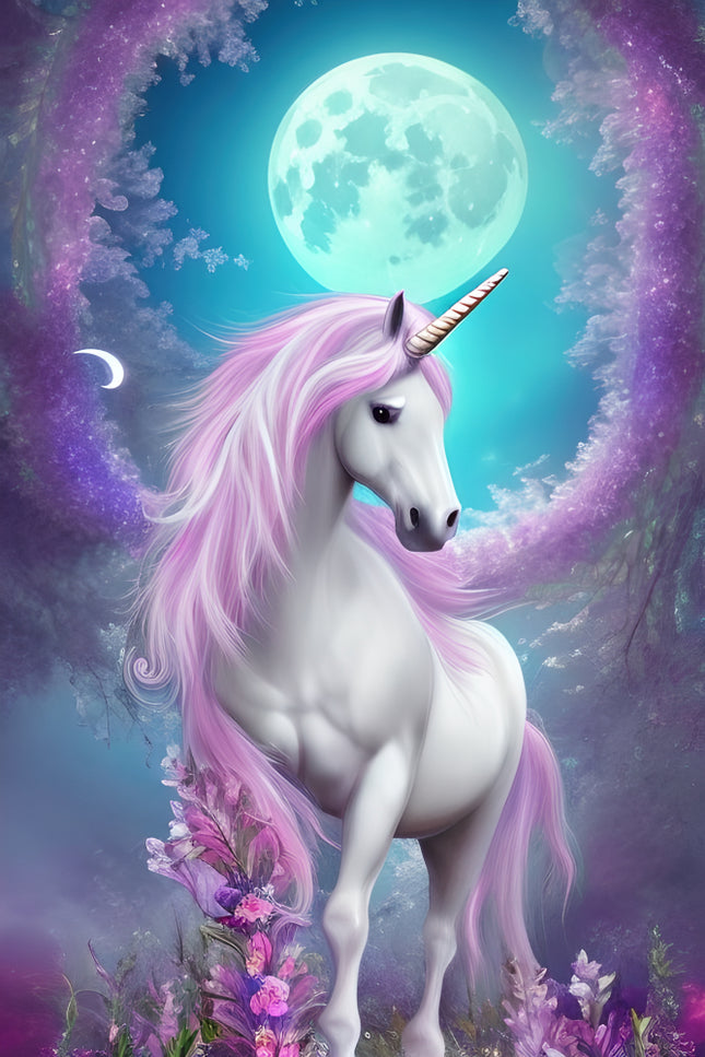 Unicorn with pink mane and tail in a fantasy setting with flowers and moons fabric panel