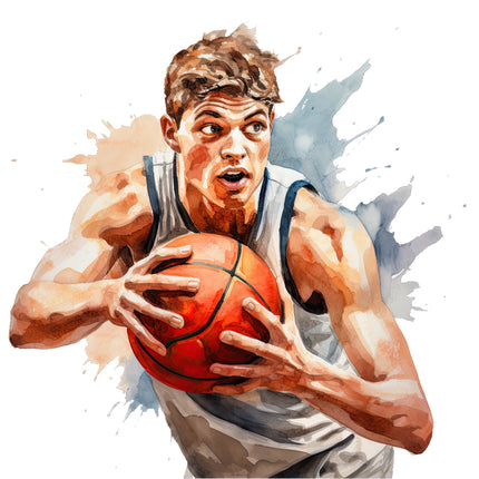 A digitally printed 100% cotton fabric panel featuring a basketball player in action with a basketball.