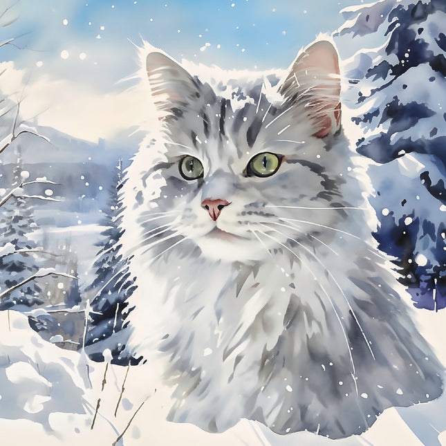 Cat in a snowy landscape with snowflakes falling fabric panel