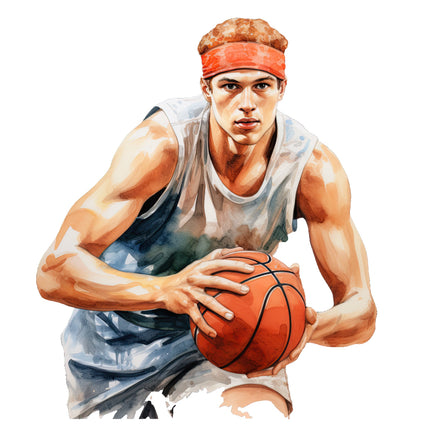 A digitally printed 100% cotton fabric panel featuring a basketball player in action with a basketball.