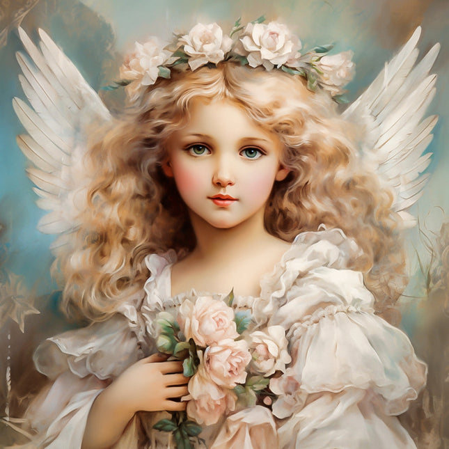 Painting of an angelic girl with wings holding flowers against a soft, blurred background fabric panel