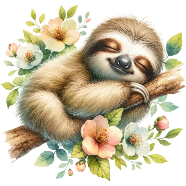 sloth on a branch with flowers and leaves fabric panel