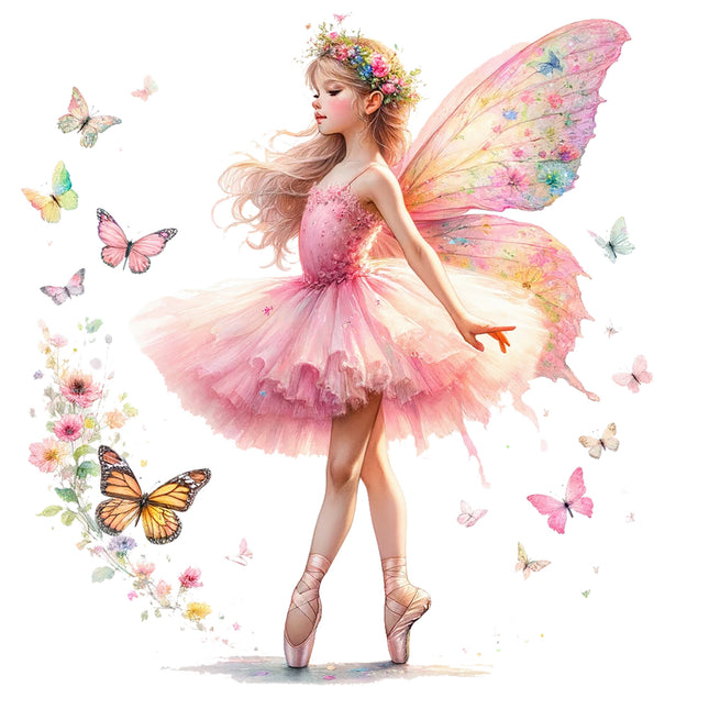 Fantasy fairy in a pink dress with colorful wings and butterflies fabric panel