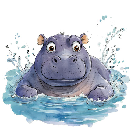 A digitally printed fabric panel featuring a cartoon hippopotamus