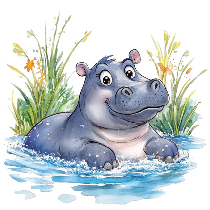 A digitally printed 100% cotton fabric panel featuring a cartoon hippopotamus sitting in water with flowers in the background.