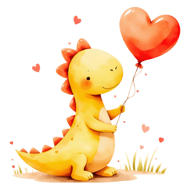 Cartoon dinosaur holding a heart-shaped balloon cotton quilt block