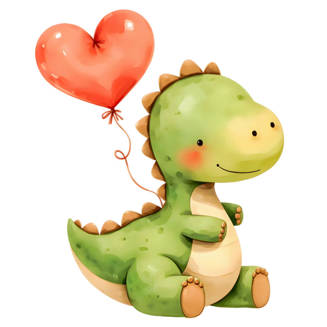 Cartoon dinosaur holding a red heart-shaped balloon cotton quilt block