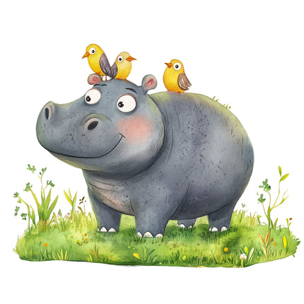 A digitally printed 100% cotton fabric panel featuring a cartoon hippopotamus 