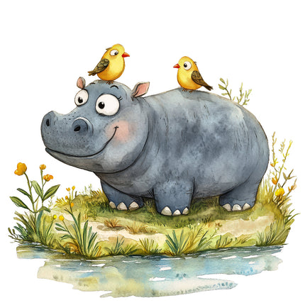 A digitally printed 100% cotton fabric panel featuring a cartoon hippopotamus with two birds on its back, surrounded by grass and a body of water.