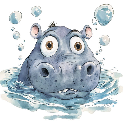 A digitally printed fabric panel featuring a cartoon hippopotamus with water and bubbles around it.