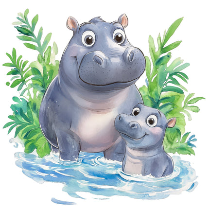 A digitally printed 100% cotton fabric panel featuring a large hippopotamus with a small hippopotamus in a water setting with surrounding greenery.