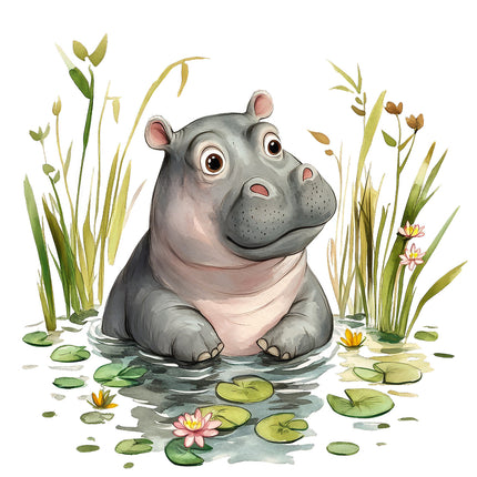 A digitally printed 100% cotton fabric panel featuring a block image of a hippopotamus sitting in water with lily pads and grasses around it.