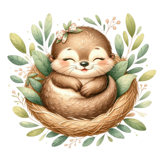 A digitally printed fabric panel featuring a cute baby otter sitting in a nest surrounded by green leaves and a floral decoration on the top left.