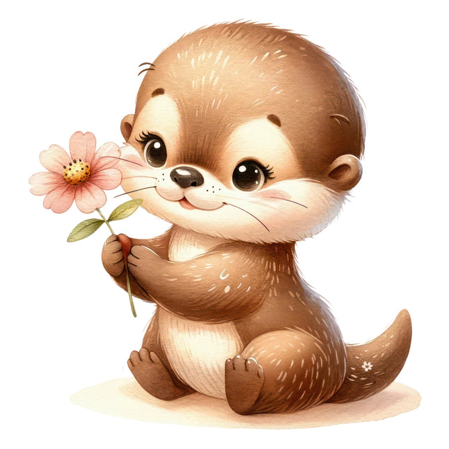 A digitally printed fabric panel featuring a cute cartoon otter holding a pink flower.