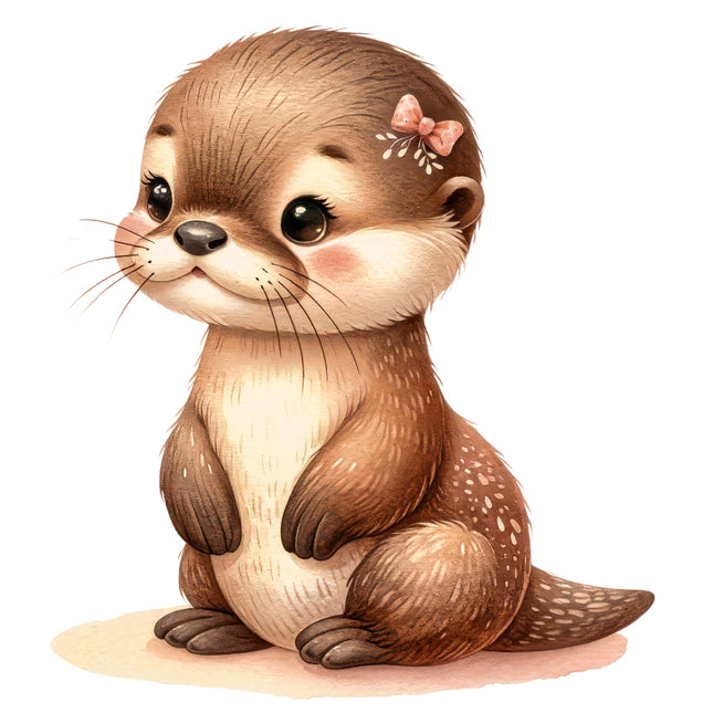 A digitally printed fabric panel featuring a cute baby otter with a pink flower on its head.