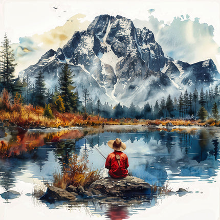 A fabric panel block depicting a mountain scene with a fisherman sitting on a rock by a lake, with a snowy peak in the background.
